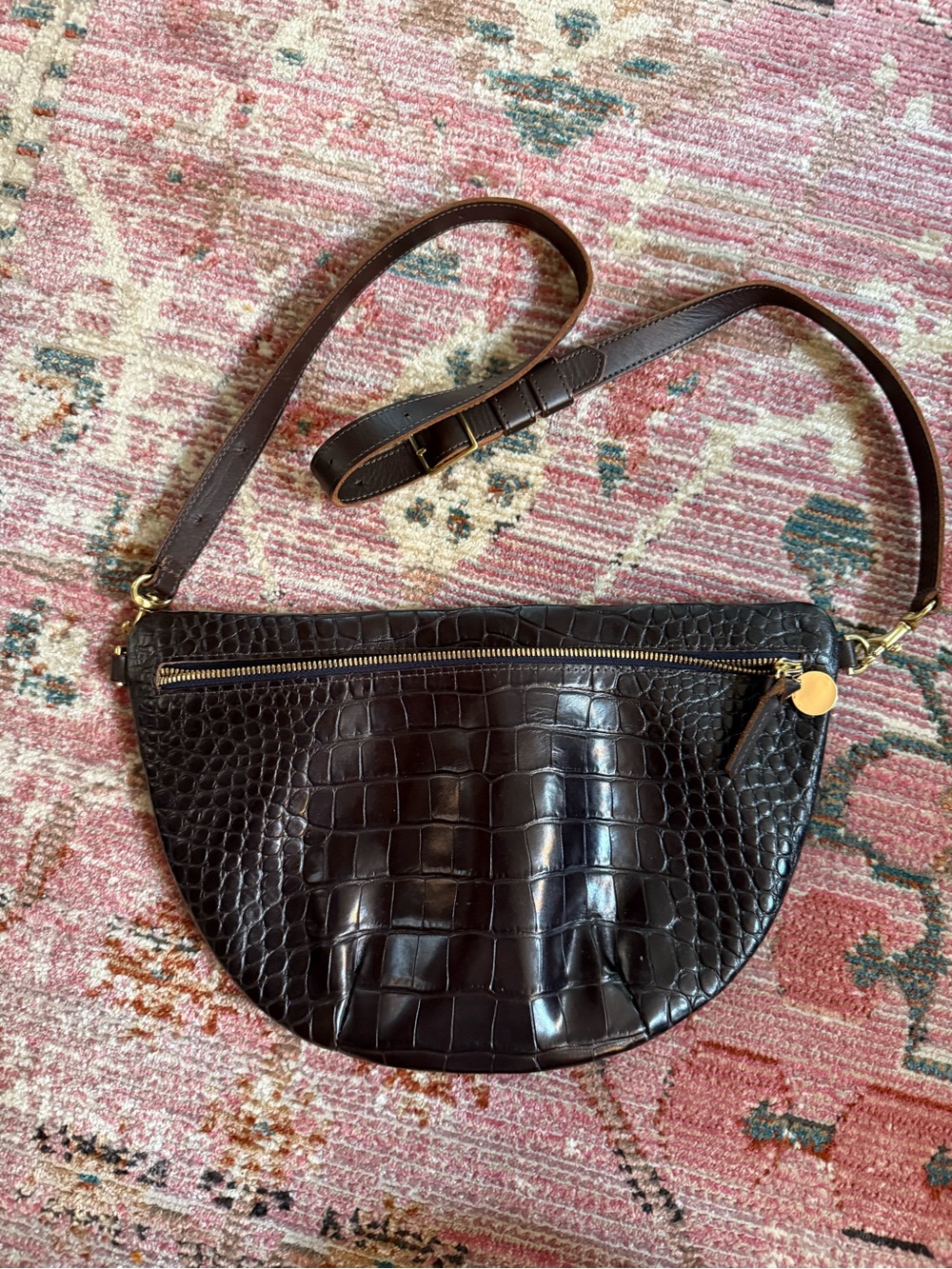 Clare V. Croc-Embossed Half-Moon Crossbody Bag in Dark Brown
